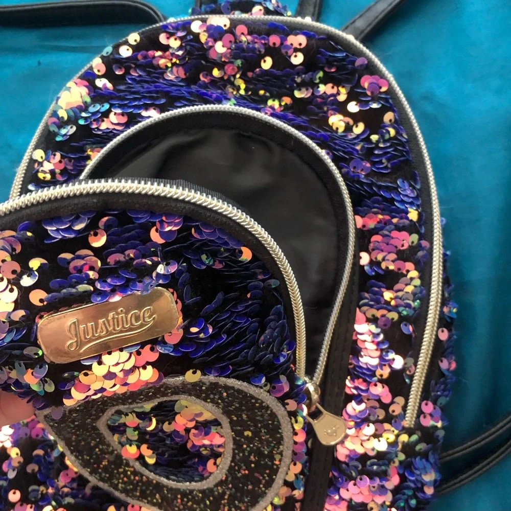 Girl’s Justice Sequin Backpack Letter O Purple Pink 2 Pockets Adjustable Straps